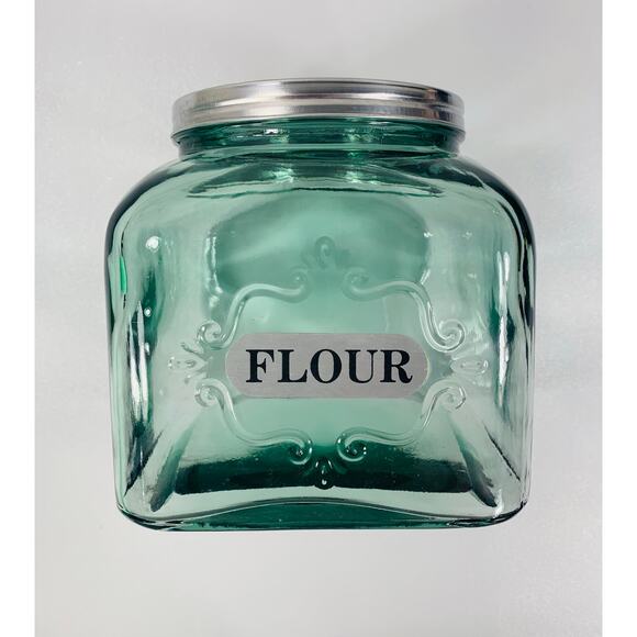 Vintage GREEN Glass Flour Storage Kitchen Container with Lid - Picture 2 of 8